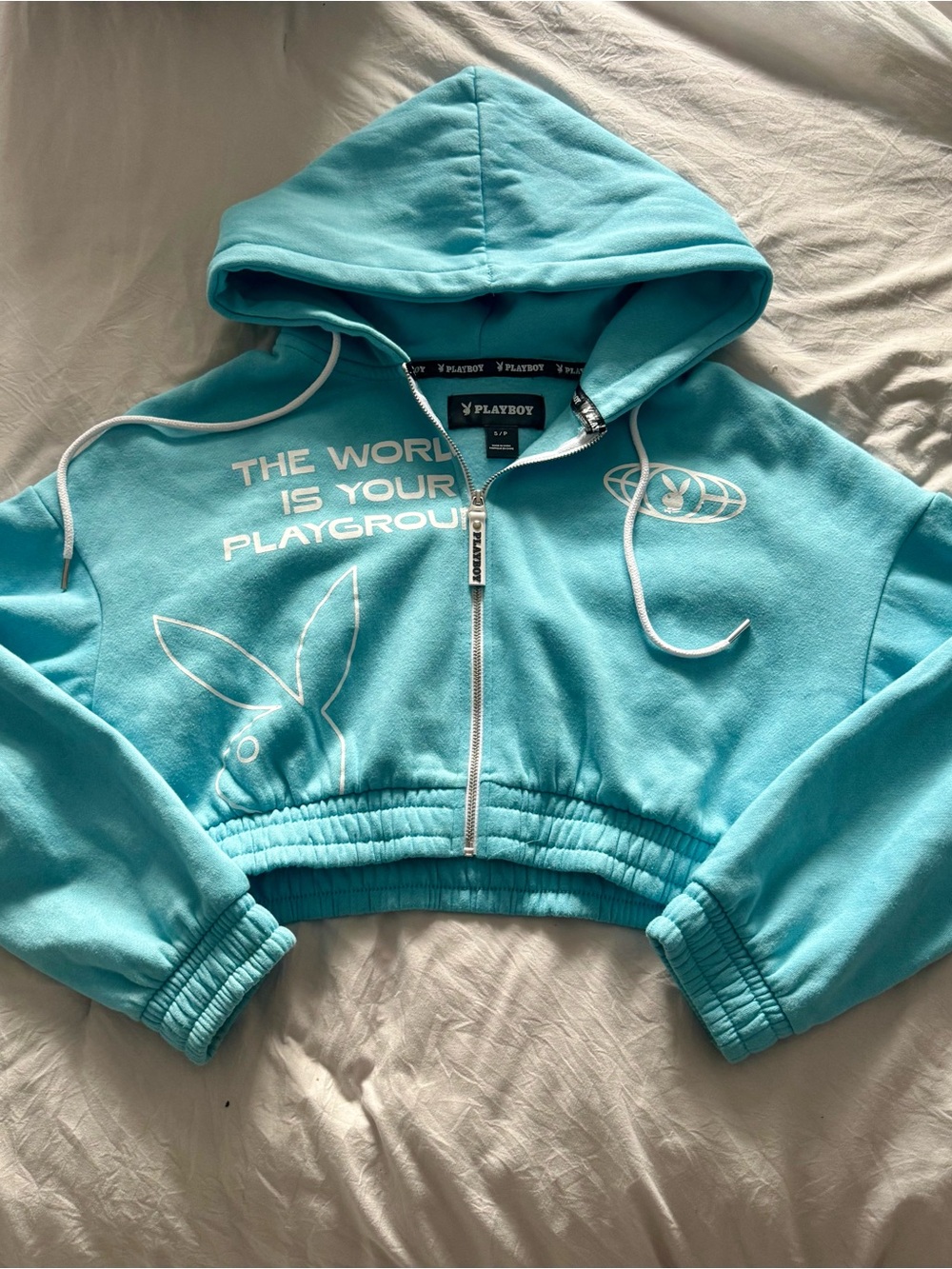 PLAYBOY Turquoise Cropped Zip-Up Hoodie like new very soft